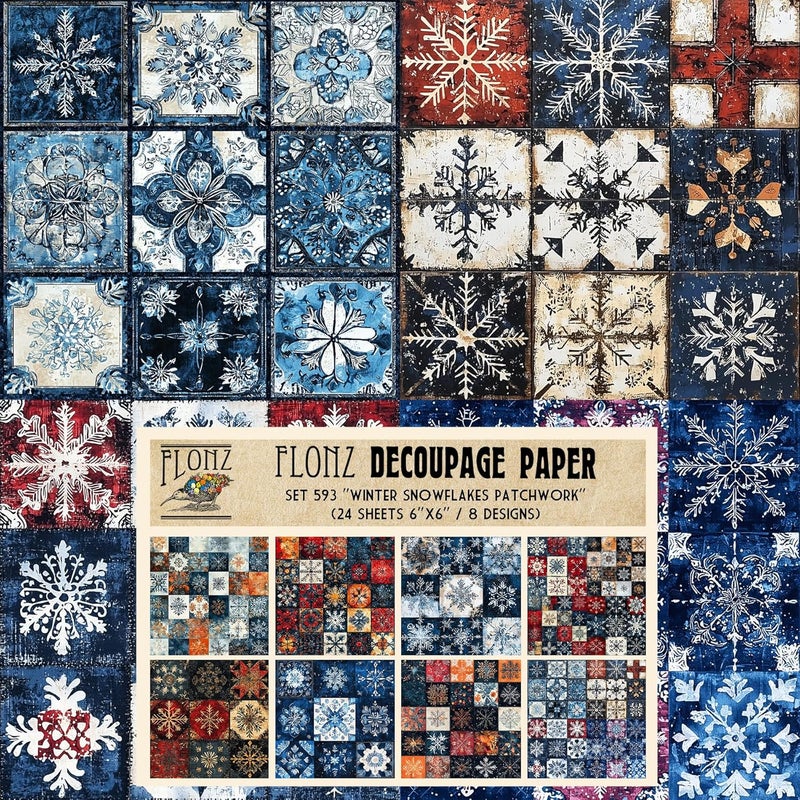 Decoupage Paper Pack (24 Sheets 6"x6") Winter Snowflakes Patchwork: Classic Snowflake Patterns in Red, White, and Blue for Festive Holiday Crafts # Vintage Styled Paper for Craft and Scrapbooking